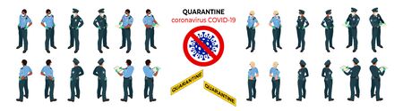 Isometric police officers in medical masks and gloves. Quarantine Control. Coronavirus Prevention....