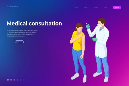 Isometric Time to vaccinate concept. Doctor or nurse, scientist giving patient vaccine, COVID-19, flu or influenza shot or taking blood test with a needle. Medicine, vaccination.のイラスト素材