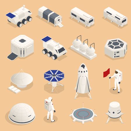 Isometric set of icons Space Equipment and Vehicles of space exploration with rockets artificial satellites, planets with Astronauts, isolatedのイラスト素材