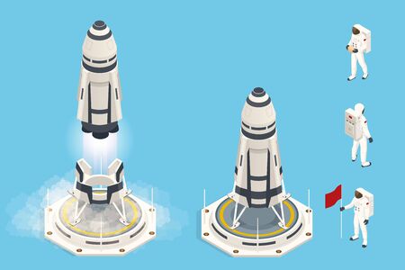 Isometric set elements of space rocket or shuttle. Rocket takes off .のイラスト素材