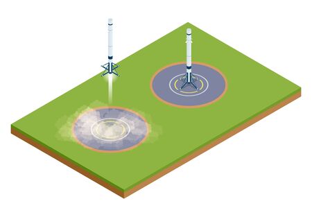 Isometric take-off and landing of a rocket. Military sea transport. International army. Rocket, launch vehicle, satellite, launch pad, payload.のイラスト素材