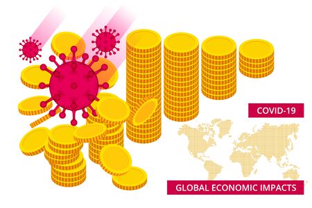 Isometric global economic impacts 2020. Coronavirus or COVID-19 pandemic global impact. Broken pig piggy bank as a symbol of a failing economyのイラスト素材