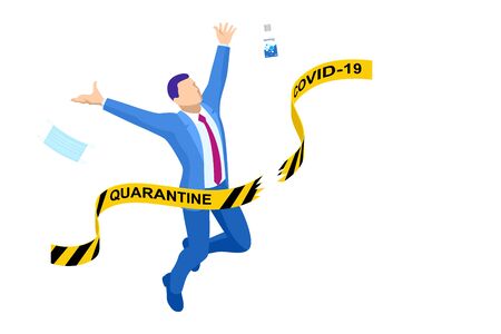 Quarantine is over, coronavirus is finish. Lockdown end inscription, Coronavirus Quarantine End, Pandemic Over isometric conceptのイラスト素材