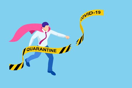 Quarantine is over, coronavirus is finish. Lockdown end inscription, Coronavirus Quarantine End, Pandemic Over isometric conceptのイラスト素材