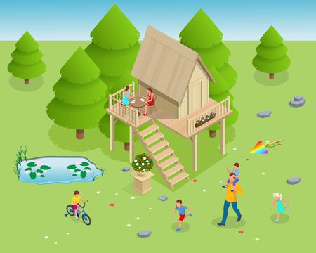 Isometric wooden house in the forest on the background of fir trees. Summer family vacation. Tree house in the evening gardenのイラスト素材