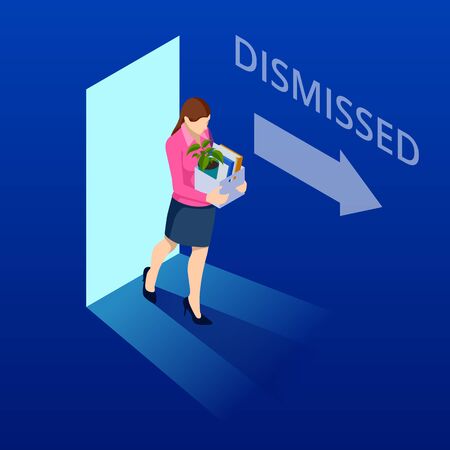 Isometric dismissed frustrated business person holding a box with his things. Unemployment, crisis, jobless and employee job reductionのイラスト素材