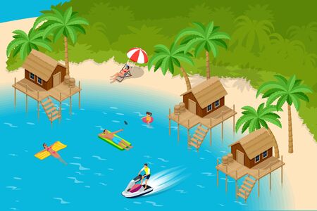 Isometric Summer Vacation concept. Summer time. Luxury overwater thatched roof bungalow in a honeymoon vacation resort in the clear blue lagoon with a view on the tropical island. Tropical vacationsのイラスト素材