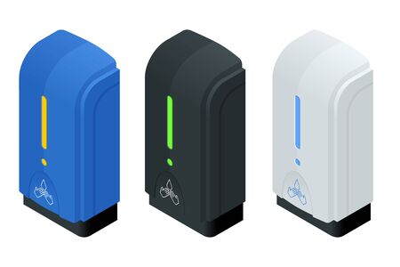 Isometric automatic alcohol hand sanitizer dispenser protection coronavirus Covid-19. Rubbing alcohol, wall mounted soap dispenser, wall hanging hand wash container Covid-19 spread prevention.のイラスト素材