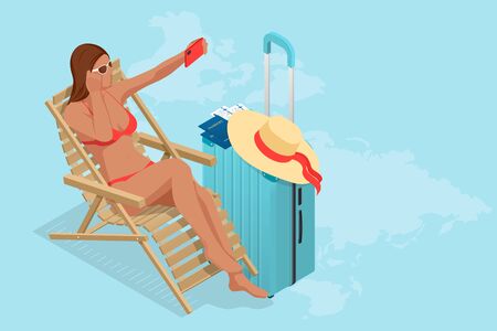 Its Summer time banner. Summer Luxury vacation. Isometric beautiful girl in a swimsuit sits in a beach chair and takes a selfie on the background of the seaのイラスト素材