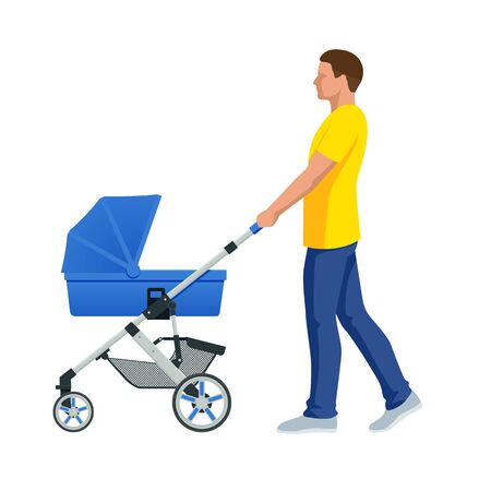 Baby carriage isolated on a white background. Kids transport. Strollers for baby boys or baby girls. Man with baby stroller walks. Theme of motherhood and fatherhoodのイラスト素材