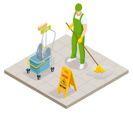 Isometric Washing and Cleaning service concept. Disinfection and cleaning.のイラスト素材