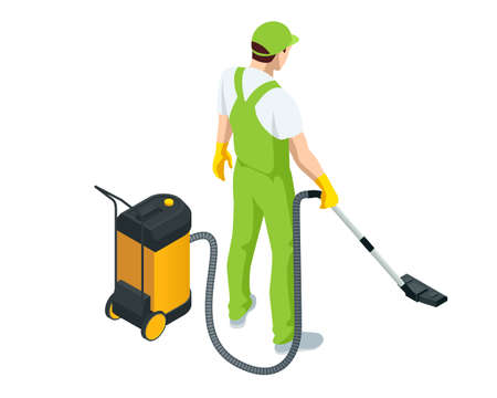 Isometric man with a vacuum cleaners of various types isolated on white background. Washing and Cleaning service concept. Disinfection and cleaning.のイラスト素材