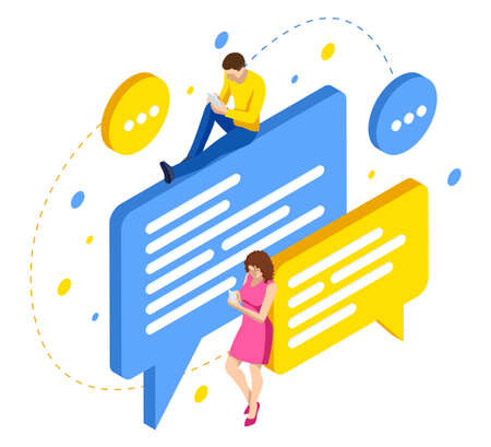 Isometric man and woman at desktop chatting with friends online. online chat notices, online communication.のイラスト素材