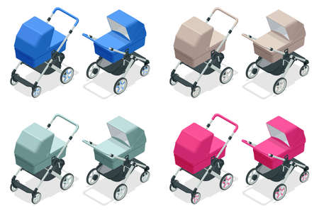 Isometric set of baby strollers isolated on white, kids transportのイラスト素材