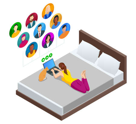 Isometric video conference. Online meeting work form home. Home office. Multiethnic business team. Stay at home and work from home concept during Coronavirus pandemic.のイラスト素材