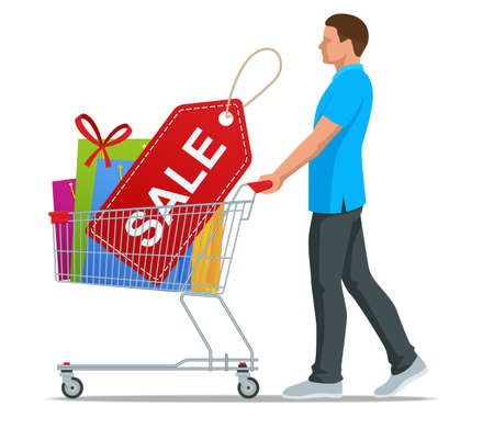 Shopping trolley or full of colorful gift boxes. Shopping carts full of shopping bags and gift boxes. Concept of discounのイラスト素材