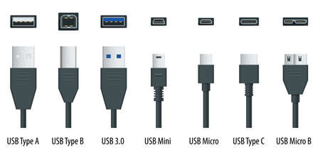 Flat black usb types port plug in cables set with realistic connectors. Connector and ports. USB...