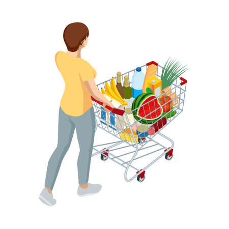 Shopping cart full of food. Woman pushing supermarket shopping cart full of groceries. Isometric illustration isolated on white background. Back viewのイラスト素材