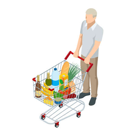 Shopping cart full of food. Man pushing supermarket shopping cart full of groceries. Isometric illustration isolated on white background. Front viewのイラスト素材