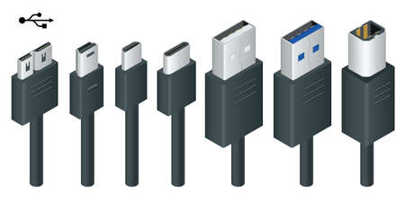 Isometric black usb types port plug in cables set with realistic connectors. Connector and ports. USB type A, type B, type C, Micro, Mini, MicroB and type 3.0のイラスト素材