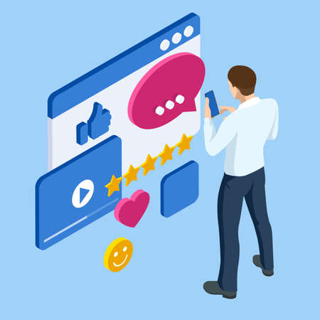 Isometric businessman character communication online social network. Social media internet connection global communications networkingのイラスト素材