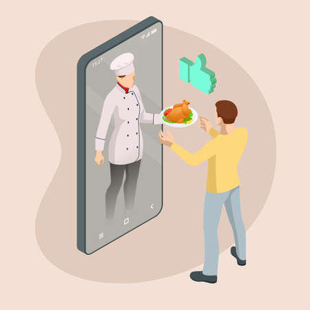 Isometric Online cooking classes concept. Online ordering food in a restaurantのイラスト素材