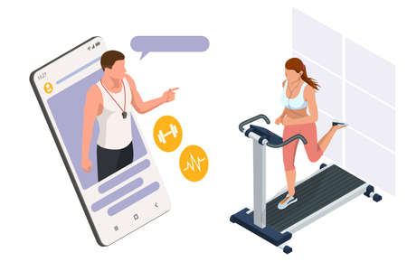 Running simulator. Isometric training online, woman in sportswear running on a treadmill. Fitness and Health icons. Running machine or trackのイラスト素材
