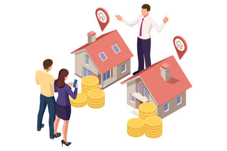 Isometric real estate agent with house model and keys. Buying, selling or renting real estateのイラスト素材
