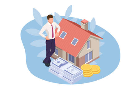 Isometric real estate agent with house model and keys. Buying, selling or renting real estateのイラスト素材