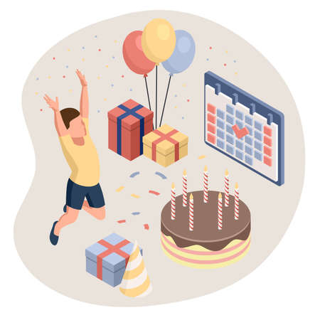 Birthday party isolated concept with colourful presents fairy lights flags balloons and sweets symbols. Kids celebrate birthday party. Isometric isolated vector illustrationのイラスト素材