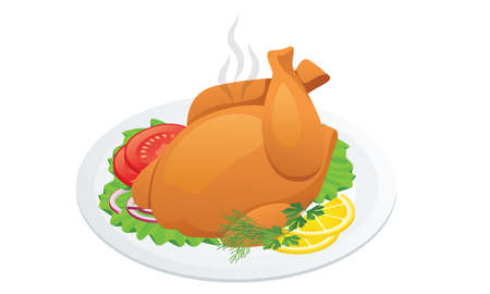 Isometric Grilled Chicken on white Background. Plate with roasted turkey.のイラスト素材
