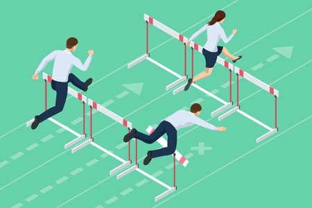 Isometric business people jumping over obstacle. Overcome obstacles. Business competition concept.のイラスト素材