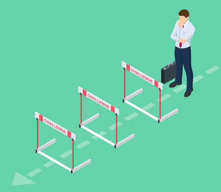 Isometric businessman thinks over how to overcome obstacles on the way to business success. Hurdle on way concept. Overcome obstacles. Business competition.のイラスト素材