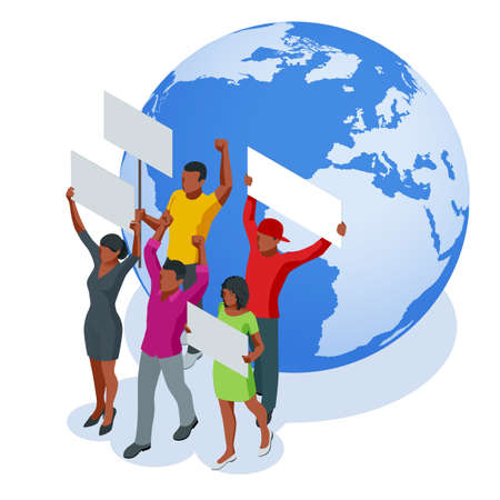 Protest Isometric People with placard and megaphones on demonstration. Demonstration, protest,...