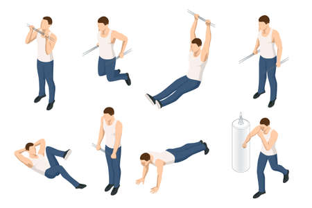 Isometric set icons of sportsman making workout, pull-ups, barbell, push-ups, weight lifting, dumbbell training. People doing fitness and crossfit workouts in many different position.のイラスト素材