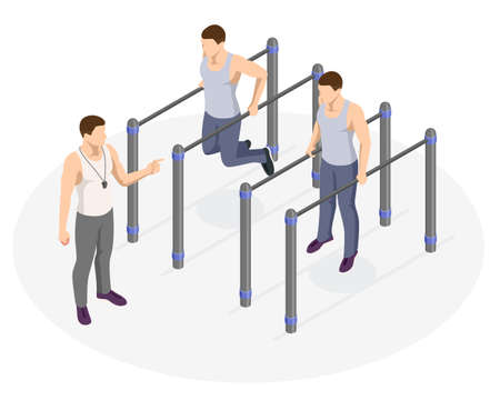 Isometric sportsman making workout, push-ups and exercises. Street workout exercises and outdoor gymnasticsのイラスト素材