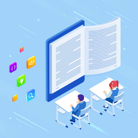 E-learning, Online Education at Home. Isometric concept for Digital Reading, E-classroom Textbook,...