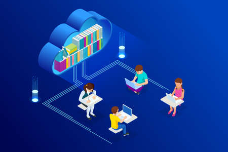 E-learning, Online Education at Home. Isometric concept for Digital Reading, E-classroom Textbook, Modern Education, Online Training and Course, Audio Tutorial, Distance Education, Ebook and Studentsのイラスト素材