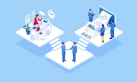Isometric concept of business analysis, analytics, research, strategy statistic, planning, marketing, study of performance indicators. Business to Business Marketing, B2B Solution, business marketingのイラスト素材