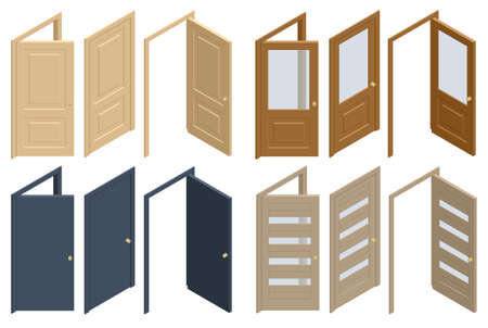 Isometric set of wooden doors in different stages of opening isolated on white background. Entrance and doorways. Indoor interior. Closed and open way.のイラスト素材