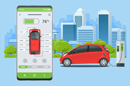 Concept of electric vehicle charge, mobile application for charge management. Car fuel manager smartphone interface.のイラスト素材