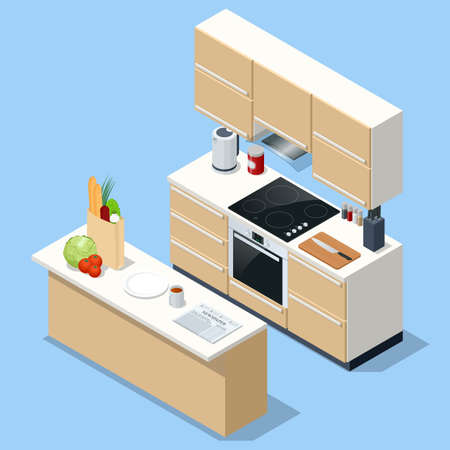 Isometric minimalist kitchen room interior with dinning furniture on a floor. Interior modern kitchen with island.のイラスト素材