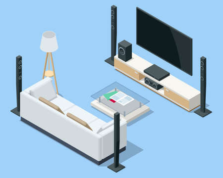 Isometric home theater, audio system isolated on white background. Home cinema speaker.のイラスト素材