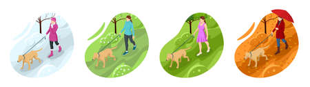 Isometric girl in casual clothes walking in park with golden retriever. Season winter, spring, summer, autumn. Pet care concept. Front viewのイラスト素材