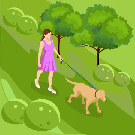 Isometric girl in casual clothes walking in park with golden retriever. Season winter, spring, summer, autumn. Pet care concept. Front viewのイラスト素材