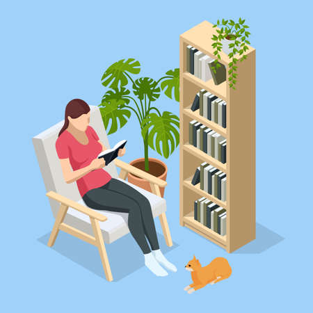 Isometric woman sitting in a chair at home and reading a book. Knowledge, learning and education conceptのイラスト素材