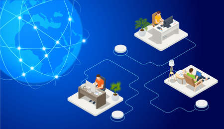 Isometric video conference. Working at home, coworking space. Online meeting work form home. Home office.のイラスト素材