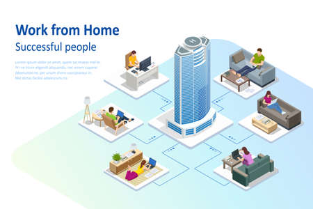 Isometric video conference. Working at home, coworking space. Online meeting work form home. Home office.のイラスト素材