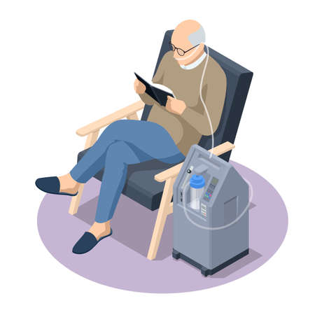 Isometric Home Medical Oxygen Concentrator. Concept of healthcare, life, pensioner. Senior man with Chronic obstructive pulmonary disease with supplemental oxygenのイラスト素材