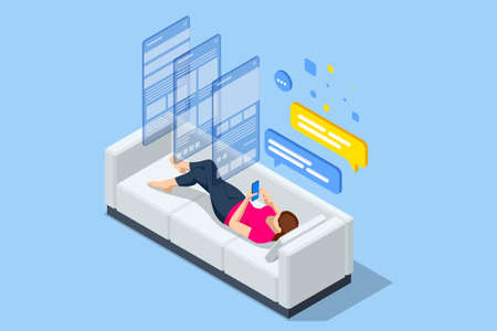 Isometric relaxed woman on the couch at home, she is using a smartphone and texting.のイラスト素材